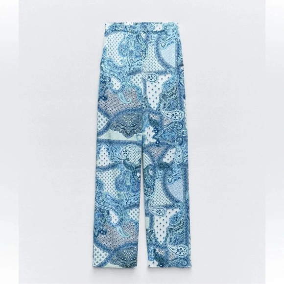 ZARA PAISLEY PRINT BLUE WHITE WIDE LEG PANTS - Picture 6 of 8